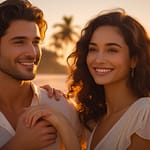 Romantic couple walking together at sunset on the beach, holding hands, warm soft lighting, peaceful atmosphere, love and intimacy, cinematic style, emotional connection