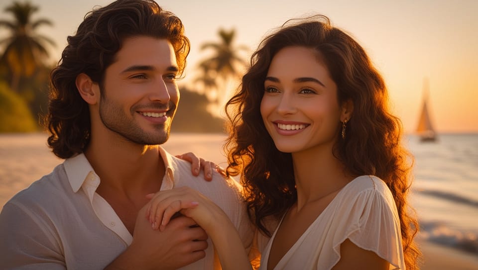 Romantic couple walking together at sunset on the beach, holding hands, warm soft lighting, peaceful atmosphere, love and intimacy, cinematic style, emotional connection